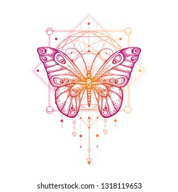 Vector illustration with hand drawn butterfly and Sacred geometric symbol on white background. Abstract mystic sign. Colored linear shape. For you design, tattoo or magic craft.