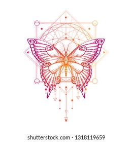 Vector illustration with hand drawn butterfly and Sacred geometric symbol on white background. Abstract mystic sign. Colored linear shape. For you design, tattoo or magic craft.