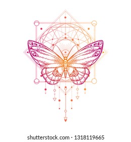 Vector illustration with hand drawn butterfly and Sacred geometric symbol on white background. Abstract mystic sign. Colored linear shape. For you design, tattoo or magic craft.
