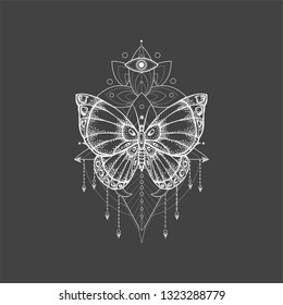 Vector illustration with hand drawn butterfly and Sacred geometric symbol on black background. Abstract mystic sign. White linear shape. For you design, tattoo or magic craft.