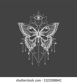 Vector illustration with hand drawn butterfly and Sacred geometric symbol on black background. Abstract mystic sign. White linear shape. For you design, tattoo or magic craft.