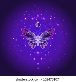 Vector illustration with hand drawn butterfly and Sacred geometric symbol against night starry sky. Abstract mystic sign. Linear shape. For you design or magic craft.