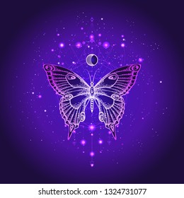 Vector illustration with hand drawn butterfly and Sacred geometric symbol against night starry sky. Abstract mystic sign. Linear shape. For you design or magic craft.