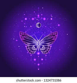 Vector illustration with hand drawn butterfly and Sacred geometric symbol against night starry sky. Abstract mystic sign. Linear shape. For you design or magic craft.