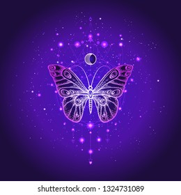 Vector illustration with hand drawn butterfly and Sacred geometric symbol against night starry sky. Abstract mystic sign. Linear shape. For you design or magic craft.