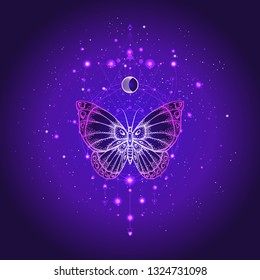 Vector illustration with hand drawn butterfly and Sacred geometric symbol against night starry sky. Abstract mystic sign. Linear shape. For you design or magic craft.