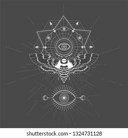 Vector illustration with hand drawn butterfly Dead head and Sacred geometric symbol on black background. Abstract mystic sign. White linear shape. For you design, tattoo or magic craft.