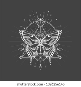 Vector illustration with hand drawn butterfly and Sacred geometric symbol on black background. Abstract mystic sign. White linear shape. For you design, tattoo or magic craft.