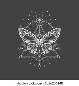 Vector illustration with hand drawn butterfly and Sacred geometric symbol on black background. Abstract mystic sign. White linear shape. For you design, tattoo or magic craft.