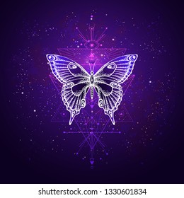 Vector illustration with hand drawn butterfly and Sacred geometric symbol against night starry sky. Abstract mystic sign. Linear shape. For you design or magic craft.