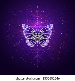 Vector illustration with hand drawn butterfly and Sacred geometric symbol against night starry sky. Abstract mystic sign. Linear shape. For you design or magic craft.