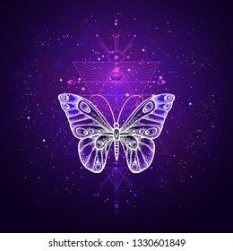 Vector illustration with hand drawn butterfly and Sacred geometric symbol against night starry sky. Abstract mystic sign. Linear shape. For you design or magic craft.