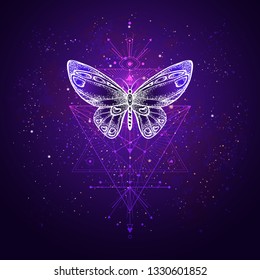Vector illustration with hand drawn butterfly and Sacred geometric symbol against night starry sky. Abstract mystic sign. Linear shape. For you design or magic craft.