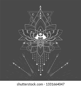 Vector illustration with hand drawn butterfly Dead head and Sacred geometric symbol on black background. Abstract mystic sign. White linear shape. For you design, tattoo or magic craft.