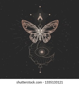 Vector illustration with hand drawn butterfly and Sacred geometric symbol on black vintage background. Abstract mystic sign. Gold linear shape. For you design or magic craft.