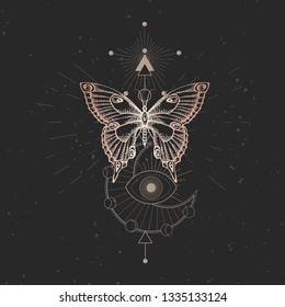 Vector illustration with hand drawn butterfly and Sacred geometric symbol on black vintage background. Abstract mystic sign. Gold linear shape. For you design or magic craft.