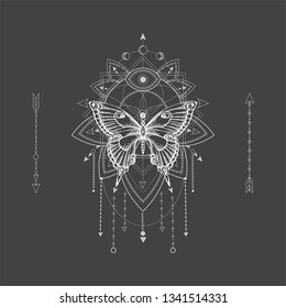 Vector illustration with hand drawn butterfly and Sacred geometric symbol on black background. Abstract mystic sign. White linear shape. For you design, tattoo or magic craft.