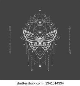Vector illustration with hand drawn butterfly and Sacred geometric symbol on black background. Abstract mystic sign. White linear shape. For you design, tattoo or magic craft.