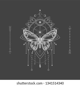 Vector illustration with hand drawn butterfly and Sacred geometric symbol on black background. Abstract mystic sign. White linear shape. For you design, tattoo or magic craft.