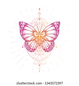 Vector illustration with hand drawn butterfly and Sacred geometric symbol on white background. Abstract mystic sign. Colored linear shape. For you design, tattoo or magic craft.