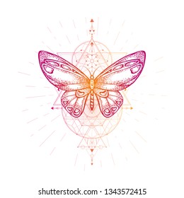 Vector illustration with hand drawn butterfly and Sacred geometric symbol on white background. Abstract mystic sign. Colored linear shape. For you design, tattoo or magic craft.