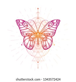 Vector illustration with hand drawn butterfly and Sacred geometric symbol on white background. Abstract mystic sign. Colored linear shape. For you design, tattoo or magic craft.