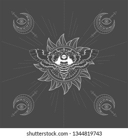 Vector illustration with hand drawn butterfly Dead head and symbol SUN on black background. Abstract mystic sign. White linear shape. For you design, tattoo or magic craft.