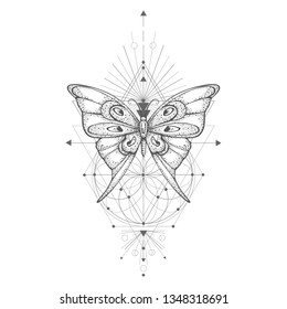 Vector illustration with hand drawn butterfly and Sacred geometric symbol on white background. Abstract mystic sign. Black linear shape. For you design, tattoo or magic craft.