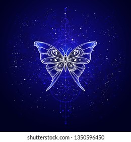 Vector illustration with hand drawn butterfly and Sacred geometric symbol against night starry sky. Abstract mystic sign. Linear shape. For you design or magic craft.