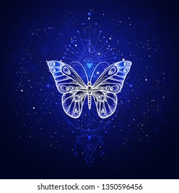 Vector illustration with hand drawn butterfly and Sacred geometric symbol against night starry sky. Abstract mystic sign. Linear shape. For you design or magic craft.