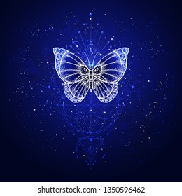 Vector illustration with hand drawn butterfly and Sacred geometric symbol against night starry sky. Abstract mystic sign. Linear shape. For you design or magic craft.