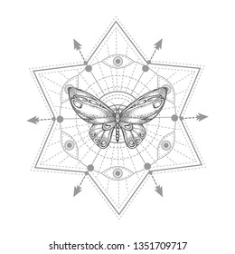 Vector illustration with hand drawn butterfly and Sacred geometric symbol on white background. Abstract mystic sign. Black linear shape. For you design, tattoo or magic craft.