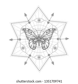 Vector illustration with hand drawn butterfly and Sacred geometric symbol on white background. Abstract mystic sign. Black linear shape. For you design, tattoo or magic craft.