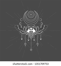 Vector illustration with hand drawn butterfly Dead head and Sacred symbol on black background. Abstract mystic sign. White linear shape. For you design, tattoo or magic craft.