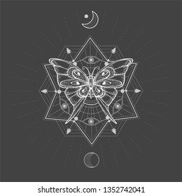 Vector illustration with hand drawn butterfly and Sacred geometric symbol on black background. Abstract mystic sign. White linear shape. For you design, tattoo or magic craft.