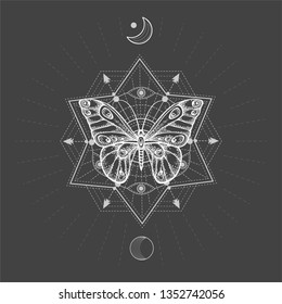 Vector illustration with hand drawn butterfly and Sacred geometric symbol on black background. Abstract mystic sign. White linear shape. For you design, tattoo or magic craft.