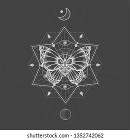 Vector illustration with hand drawn butterfly and Sacred geometric symbol on black background. Abstract mystic sign. White linear shape. For you design, tattoo or magic craft.