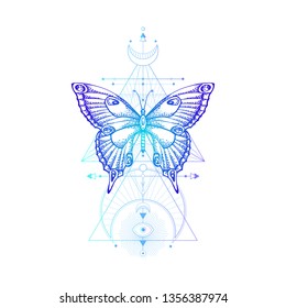 Vector illustration with hand drawn butterfly and Sacred geometric symbol on white background. Abstract mystic sign. Colored linear shape. For you design, tattoo or magic craft.
