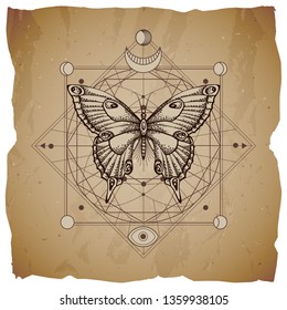 Vector illustration with hand drawn butterfly and Sacred geometric symbol on vintage paper background with torn edges. Abstract mystic sign. Sepia linear shape. For you design or magic craft.