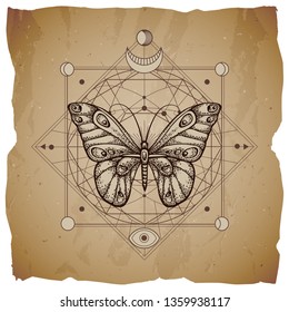 Vector illustration with hand drawn butterfly and Sacred geometric symbol on vintage paper background with torn edges. Abstract mystic sign. Sepia linear shape. For you design or magic craft.