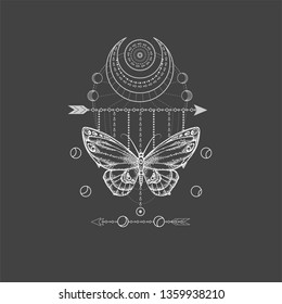 Vector illustration with hand drawn butterfly and Sacred geometric symbol on black background. Abstract mystic sign. White linear shape. For you design, tattoo or magic craft.