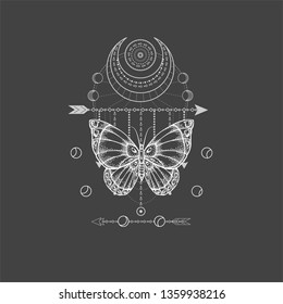 Vector illustration with hand drawn butterfly and Sacred geometric symbol on black background. Abstract mystic sign. White linear shape. For you design, tattoo or magic craft.