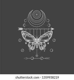 Vector illustration with hand drawn butterfly and Sacred geometric symbol on black background. Abstract mystic sign. White linear shape. For you design, tattoo or magic craft.