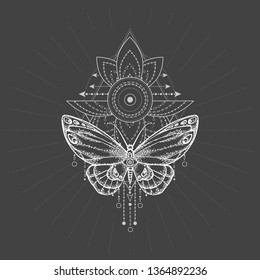 Vector illustration with hand drawn butterfly and Sacred geometric symbol on black background. Abstract mystic sign. White linear shape. For you design, tattoo or magic craft.