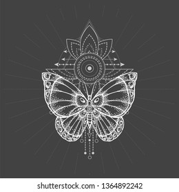 Vector illustration with hand drawn butterfly and Sacred geometric symbol on black background. Abstract mystic sign. White linear shape. For you design, tattoo or magic craft.