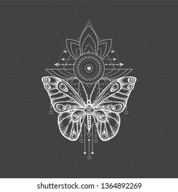Vector illustration with hand drawn butterfly and Sacred geometric symbol on black background. Abstract mystic sign. White linear shape. For you design, tattoo or magic craft.
