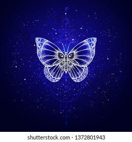 Vector illustration with hand drawn butterfly and Sacred geometric symbol against night starry sky. Abstract mystic sign. Linear shape. For you design or magic craft.