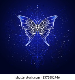 Vector illustration with hand drawn butterfly and Sacred geometric symbol against night starry sky. Abstract mystic sign. Linear shape. For you design or magic craft.