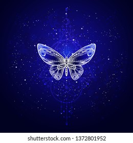 Vector illustration with hand drawn butterfly and Sacred geometric symbol against night starry sky. Abstract mystic sign. Linear shape. For you design or magic craft.