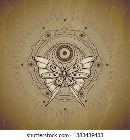 Vector illustration with hand drawn butterfly and Sacred geometric symbol on vintage paper background. Abstract mystic sign. Sepia linear shape. For you design or magic craft.